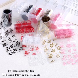 Flower Nail Foil Transfer, Hibiscus Flowers Nail Stickers 10 Rolls Black White Pink Hawaiian Flowers Foils Transfer Sheets Cherry Blossom Tropical Floral Decals Manicure Wraps Pegatinas Uñas