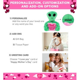 DolliBu Happy Mother's Day Super Soft Plush Green Alien - Cute Stuffed Animal with Pink Heart Message for Best Mommy, Grandma, Wife, Daughter - 6 Inches