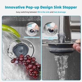 Hibbent 3 in 1 Kitchen Sink Drain Strainer, Stainless Steel Wrapped Shell Drain Stopper Combo, Pop Up Sink Stopper, Anti-Clogging Basket Strainer with Foldable Handle for US Standard 3-1/2" Drain
