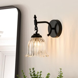 CVKASH 1-Light Vintage Wall Sconces Black Modern Barthroom Vanity Light with Glass Shade Wall Light for Farmhouse Hallway Living Room Bedroom Cabinet