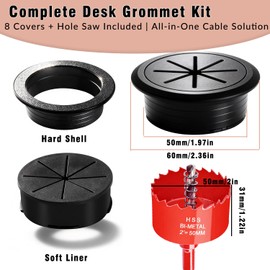 Desk Grommet Kit - 8 PCS 2 Inch Black ABS Plastic Cable Hole Cover with Soft Rubber Liner & Included Hole Saw - Cord Grommet for Wire Management on Countertops, TV Stands & Office Tables