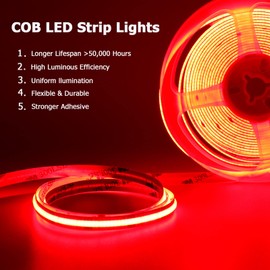 YUNBO TOPAI 12V COB LED Strip Light Red 16.4ft/5M High Density 480LED/M Dotless 1500Lm NO Waterproof IP20 Flexible Cuttabl LED Tape Light for Cabinet Home DIY Lighting Projectse