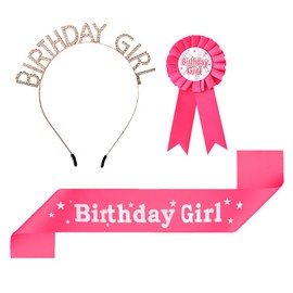 Happy Birthday Girls Sash Pin and Tiara Headband for Girl Pink Birthday Sashes Brooch With Glitter Rhinestone Princess Crown Hairband for Bday Party Decorations Accessories