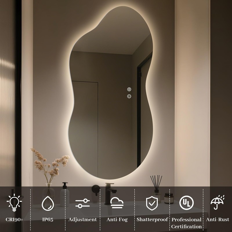 WallBeyond 46"x26" Asymmetrical LED Backlit Bathroom Mirror, Irregular Vanity Mirror