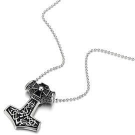 COOLSTEELANDBEYOND Stainless Steel Thors Hammer Pendant Irish Celtic Knot Cross Necklace for Man, 30 inches Ball Chain