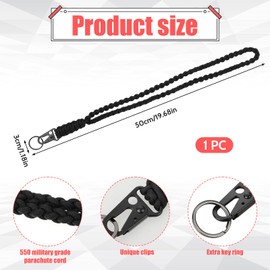 Heavy Duty Neck Braided Paracord Lanyard Keychain for Men Women Outdoor Survival Adventure Rope Black Parachute Rope Necklace Keychains with Clip Key Ring for ID Card Badge Holder, Camera, Wallet