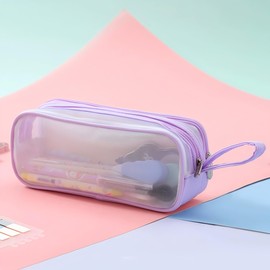 Pencil Cases Pen Pouch Clear Transparent Marker Pouch with Zipper, Exam Pencil Storage Bag Travel Cosmetic Makeup Bag for Students Adults Teen Kids (Purple)