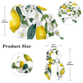 FVQL Surgical Cap with Hair Scrunchy, Flower Leaf and Lemons, Reusable Scrub Hat, Scrub Caps Women Men, Nurse Hat Bouffant Cap with Button & Sweatband