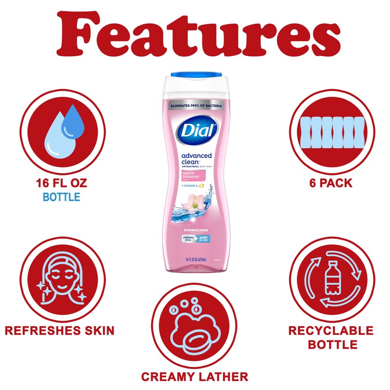 Dial Body Wash, 6 Pack, Apple Blossom Scent, Hydrating and