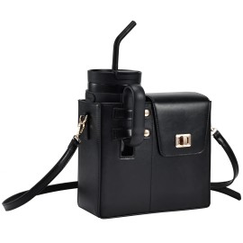 Durable Leather Crossbody Purse Water Bottle Cup Organizer Holder Bag Universal Water Cup Carrier Storage Bag for Women Girlscolor: Black