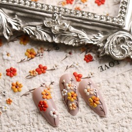 IDDFEVE Embossed Flower Nail Art Stickers - Orange Floral Leaf Self-Adhesive 5D Nail Decals for DIY Spring Summer Manicure (3 Sheets)