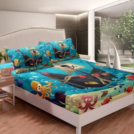 Cartoon Pirate Ship Fitted Sheet Full Size Marine Adventure Bedding Set Girls Boys Adults Underwater Fish Bed Cover Cute Octopus Jellyfish Bed Sheet,2 Pillowcases