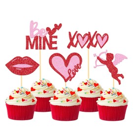 24Pcs Valentine's Day Cupcake Toppers for Valentine's Day Decorations,Be Mine Love Heart Valentine's Day Cupcake Picks for Sweet Love Theme Party Decorations(Mix Pink)