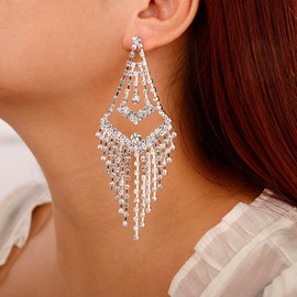 Denifery Rhinestones Tassel Earrings for Women Fringe Chain Rhinestones Chandelier Crystal Dangle Drop Earrings Statement Earrings for Wedding Prom (Style E), 1 Count (Pack of 1), Silver