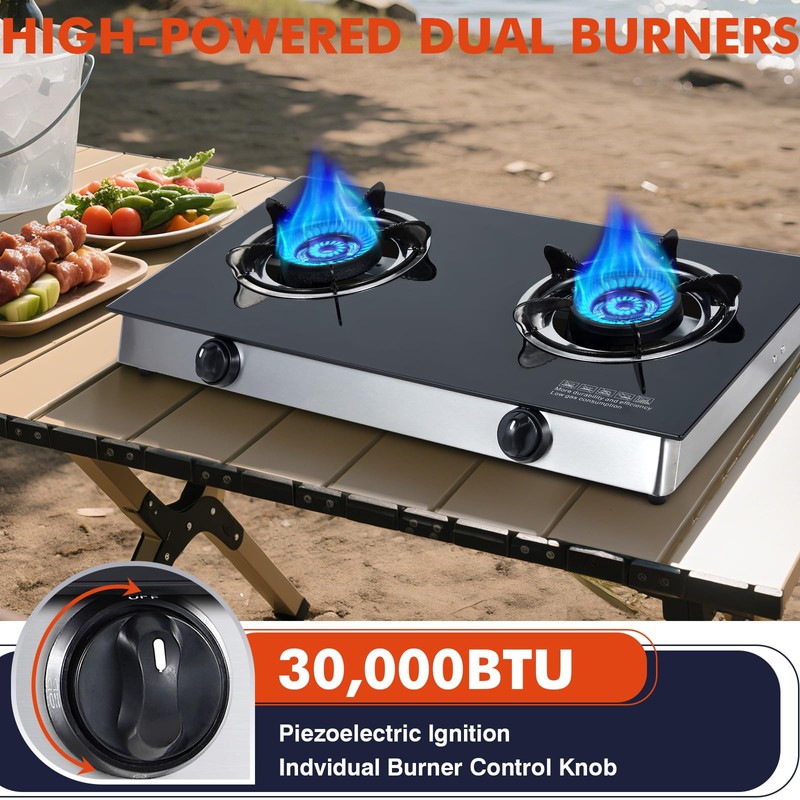 Llamaviva 2 Burner Propane Gas Cooktop, Portable Tempered Glass Double
