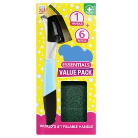 1 Refillable Washing Up Brush with 6 Replaceable Sponge Refills - Soap Dispensing Dish Cleaning Handle, General Purpose Scourer Scrubber Set, Kitchen Cleaning Bonus Pack