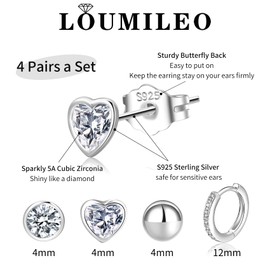 LOUMILEO Stud Earrings, 925 Silver, 4 Pairs, Silver Earrings for Women, Hypoallergenic, Cubic Zirconia Stud Earrings Set, for Multiple Piercings, Silver