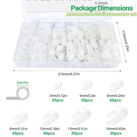 GZLFH Pack of 290 R Type Cable Clips, Nylon Cable Clamp, White, P Type Wire Clamp, 8 Sizes for Various Diameters Wire Management (Packaged)