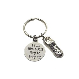 Running Shoe Charm, I Run Like A Girl Try To Keep Up, Girl Lady Runner Track Cross Country XC Marathon Keychain Key Chain Bag Charm Gift