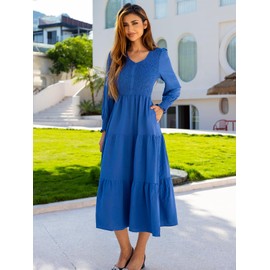 Kate Kasin Fall Midi Dresses for Women 2025, Blue Long Sleeve Maxi Dress, Empire Waist Flowy Ruffle Dresses