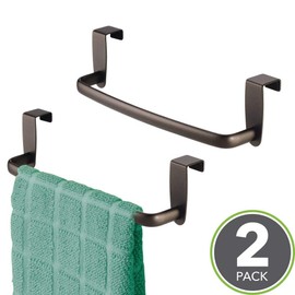 mDesign Modern Kitchen Over Cabinet Strong Steel Towel Bar Rack - Hang on Inside or Outside of Doors - Storage and Organization for Hand, Dish, Tea Towels - 9.75" Wide - 2 Pack - Bronze
