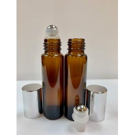 Ananda Corporation 10ml [1/3 oz] Amber Glass Rollon Bottle with Steel Roller & Aluminum Silver Caps [150 Pcs]