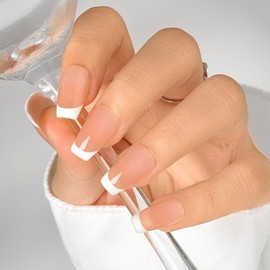 Sethexy French Pink Handmade Fake Nails Medium Coffin Acrylic False Nail with Design Gradient Natural Glossy Press on Nails Salon Durable Nails for Women and Girls 10PCS (A)