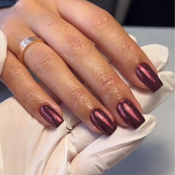 Red Purple Chrome Press on Nails Short Square,SXVME Gold Nail