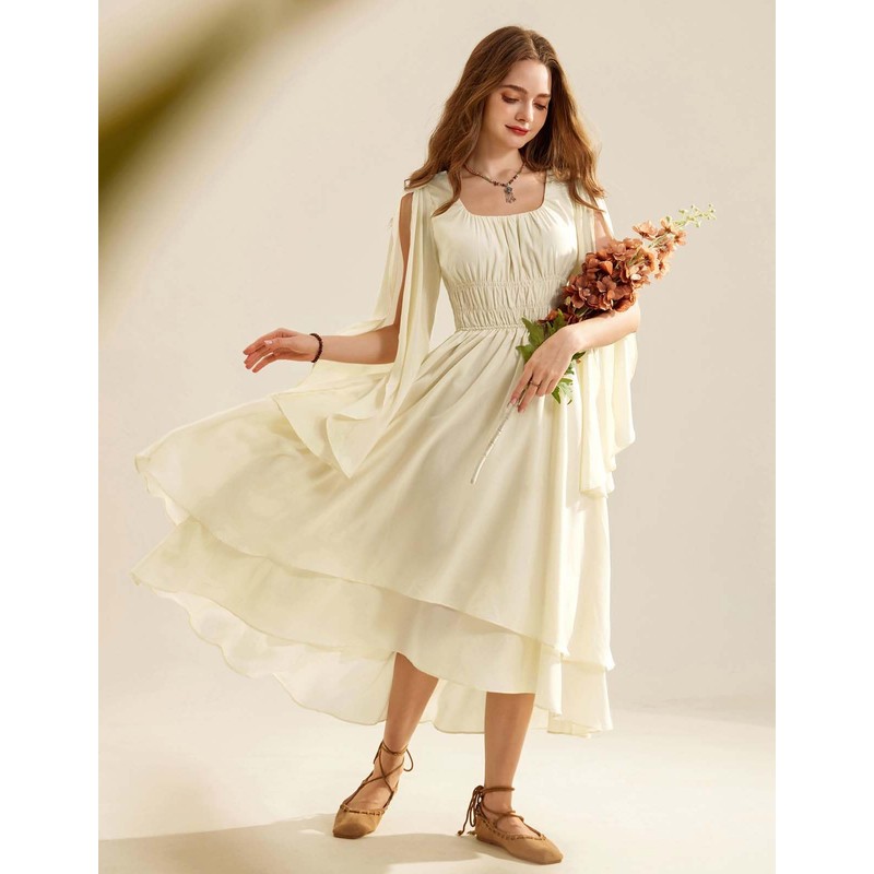 Women Renaissance Costume Split Bell Sleeve Double Layered High Low