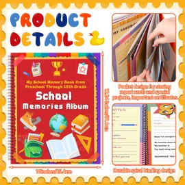 Motipuns School Memory Book Photo Album for Kids, School Years Keepsake Book Album Scrapbook from Preschool Through 12th Grade with 14 Pocket for Storage Portfolio Every Grade Pictures(Stripes)