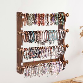 humberboat 4 Tier Wooden Bracelet Holder Wall-Mounted, Bangle Watch Necklace Display Storage Antique Bracelet Display Jewelry Holder Display Organizer, Brown 4 Tier Wooden Bracelet Holder