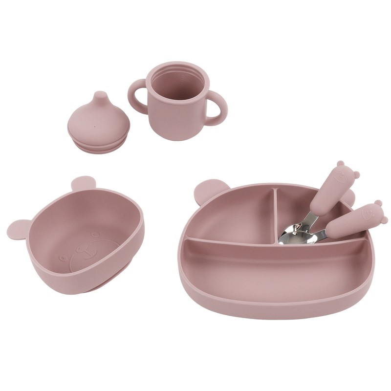 5pcs Baby Feeding Kit Food Grade Silicone Bear Design Plate