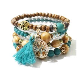 GAUEIOUR Boho Beaded Bracelet,Multi-Layer Wooden Beaded Bracelet, Tassel Bracelet Tourism Souvenir Tree of Life Bracelet Lady, Elastic Bracelet Bracelet Set(Peacock Blue Four-Piece Set)