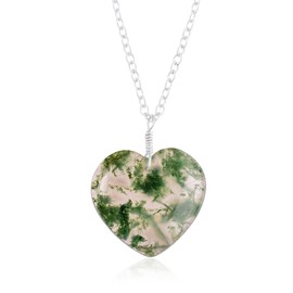 Natural Moss Agate Crystals Pendant Necklace, Heart Cabochon Gemstone, Energy Healing Crystals, Birthday, Gift for Her, Gemstone Jewelry 18 inch AAA+ Quality (Moss Agate G)
