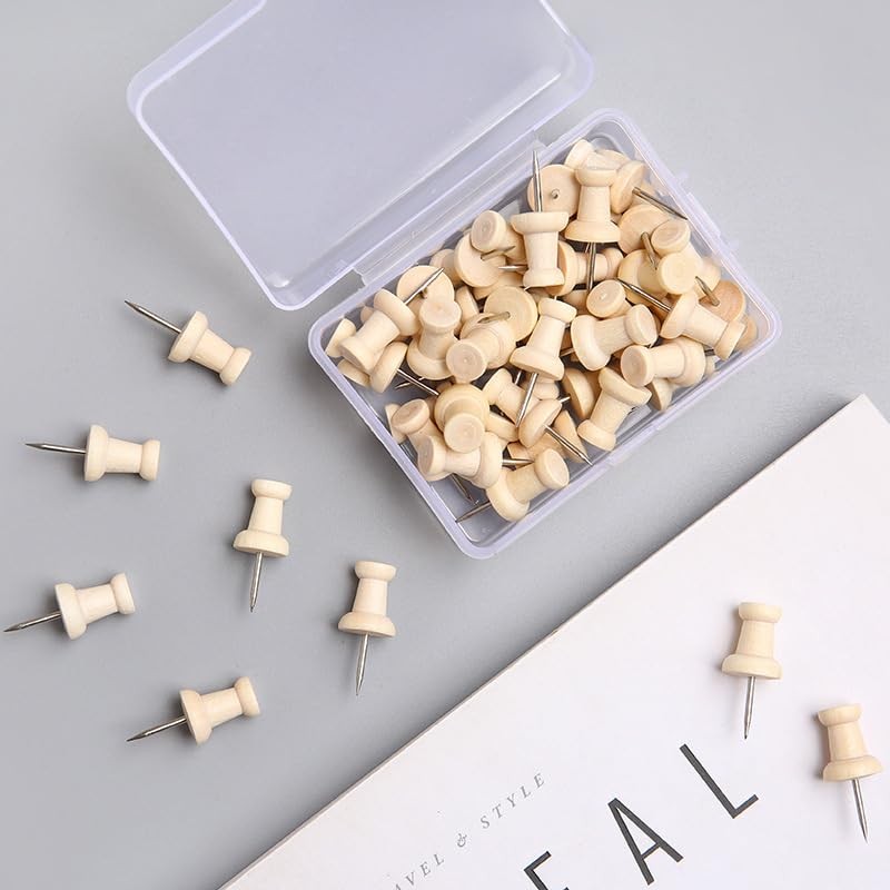 Pack of 50 wooden push pins, thumbtacks wood for cork