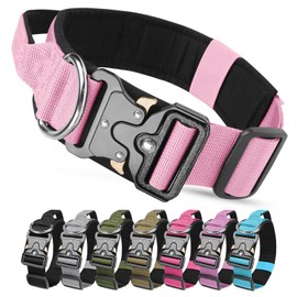 Tactical Dog Collar with Handle, Wide Padded Dog Collar with Metal Buckle, Adjustable Nylon Dog Collar for Medium Large Dogs (Pink, L)
