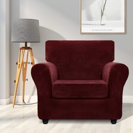 ZNSAYOTX Luxury Velvet Chair Slipcovers with Arms 2 Piece Stretch Chair Covers for Living Room Thick Soft Armchair Slipcover Anti Slip Dog Pet Friendly Furnitre Protector (Wine Red, Chair)