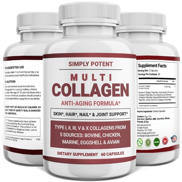 Multi Collagen Peptides Powder Pills, High Bioavailable Hydrolyzed Collagen Protein Supplement with 5 Collagen Types I, II, III, V, and X for Skin, Hair, Nail & Joint Support, 60 Capsules