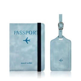 Passport Holder with Luggage Tag Set. Passport Cover and Initial Luggage Tag Set, Passport Holder for Travel and Suitcase Tags, Leather Passport Holder Cover Wallet Travel (Light Blue)