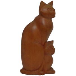 Brave Wings Hand Carved Wooden Cat ~ Mother Cat and Kitten 16cm High ~ Ornament Sculpture Figurine Statue Unique Table Decoration Home Decor ~ 5209