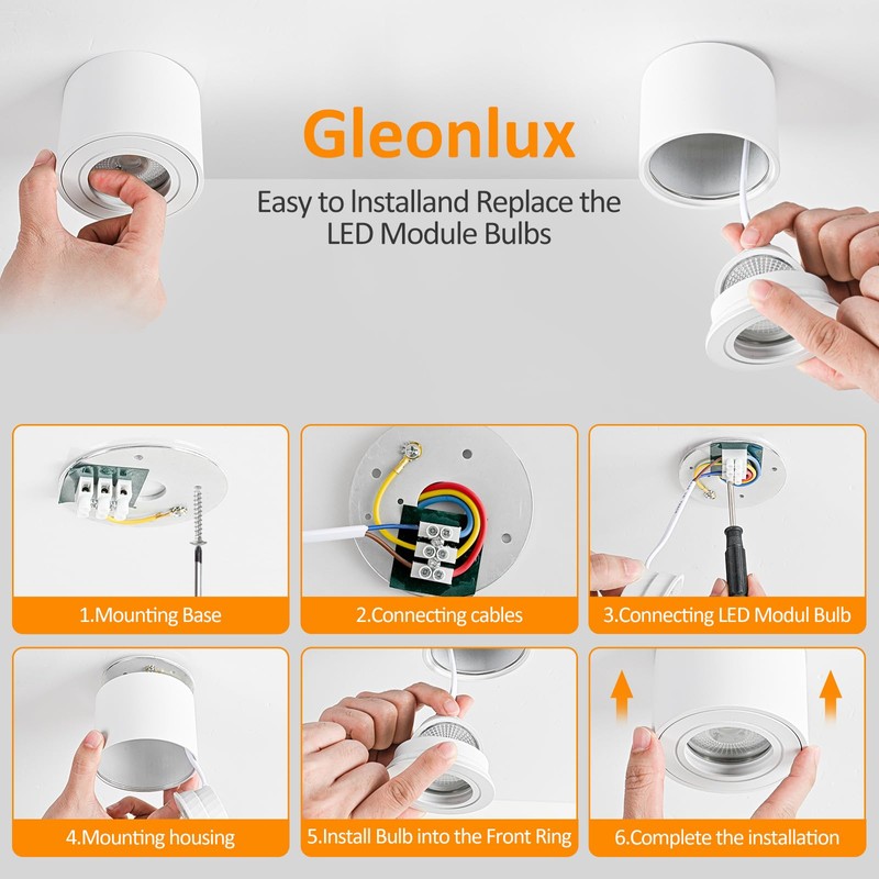 Gleonlux LED Surface-Mounted Spotlight, IP44, White, Dimmable, Surface-Mounted Spotlights, Flat,