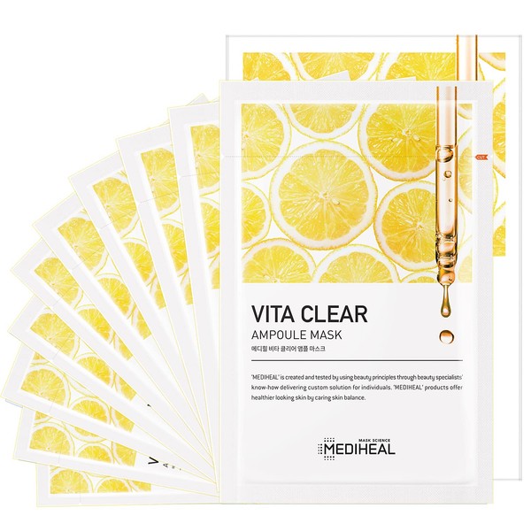 Mediheal Vita Clear Ampoule Mask, 10Pack - Vitamin C Radiant Face Mask Sheet for Dull Skin, Lime Extracts, and Glutathione for Melanin Control, Reduces Pigmentation, Ultra Adhesion Tencel Sheet
