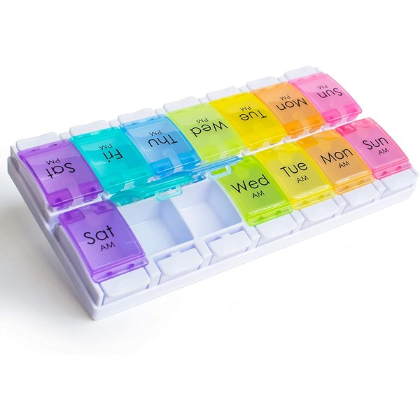 RMS Weekly and Daily Pill Organizer - 7 Day Pill Planner, Dispenser Case for Medication, Vitamin Supplements with Easy Press Open Design and Large Capacity (Twice Per Day)