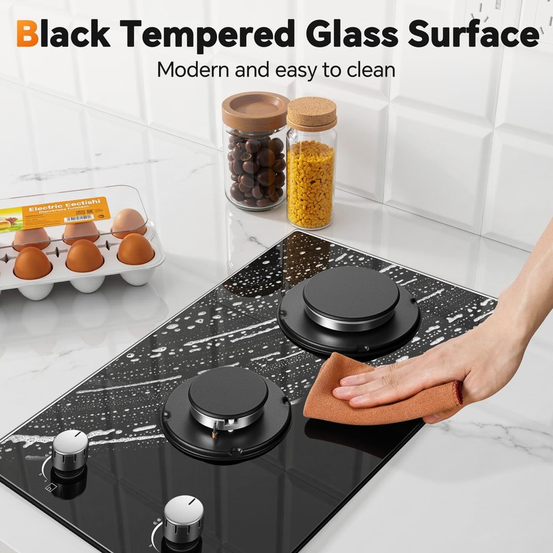 12 Inch Gas Cooktop, 2 Burner Gas Stove, Black Tempered