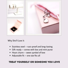 Gift Box Included – Stainless Steel Bracelet for Women with Heart Charm – Gold or Silver, Soft Pouch