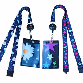 SpiriuS Set 2 x Retractable Reel Breakaway Lanyards Neck Straps with Unique Waterproof Zip Lock Card Holders for Badge, Pass, ID Card (Stars + Daisies)