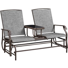 Yaheetech 2-Seat Outdoor Glider with Center Table, Patio Rocking Loveseat with Breathable Mesh Sturdy Metal Frame for Garden Pool Lawn, Gray