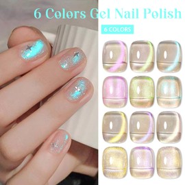 MEET ACROSS 7PCS/SET Aurora Magnetic Gel Nail Polish Set, Cat Eye Gel Polish, Long-Lasting High-Shine Finish for Holographic Nail Art, Soak Off UV LED Gel Manicure Nail Art Gift