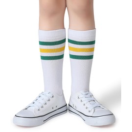 Pareberry Boys Girls Over the Calf Striped Tube Socks Cotton Soft Retro Athletics Socks for Kids Age 4-9 (US, Age, 4 Years, 6 Years, A06-Green/Yellow/White)