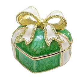 Qsabv Mini Trinket Box, Bow-knot Heart Shape Gift Box Hinged Jewelry Box Vintage Metal Enameled Decorative Box Ring Earrings Jewelry Organizer for Women Girls Wedding Birthday, Green